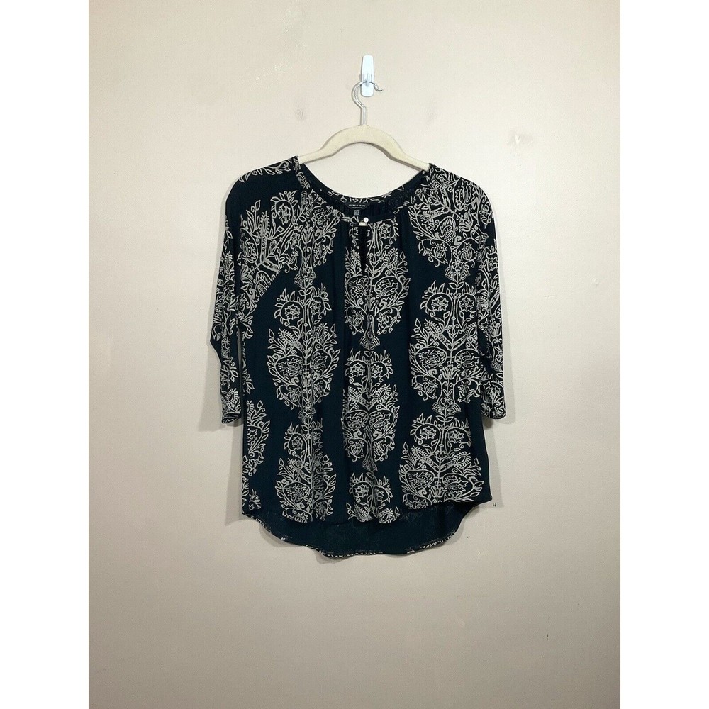 Lucky Brand Womens Boho Blouse 2X Black Tan 3/4 Length Sleeves Slinky Stretch